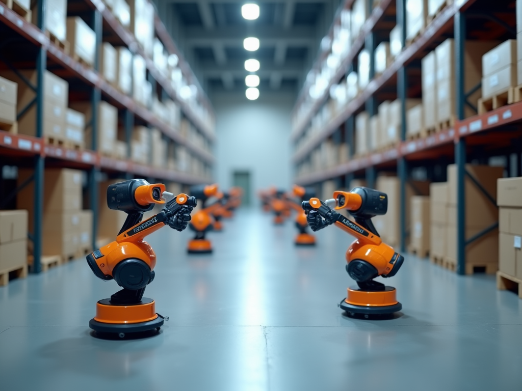 Robotic arms lined up in a warehouse, appearing to perform tasks along an aisle flanked by shelves of boxes.