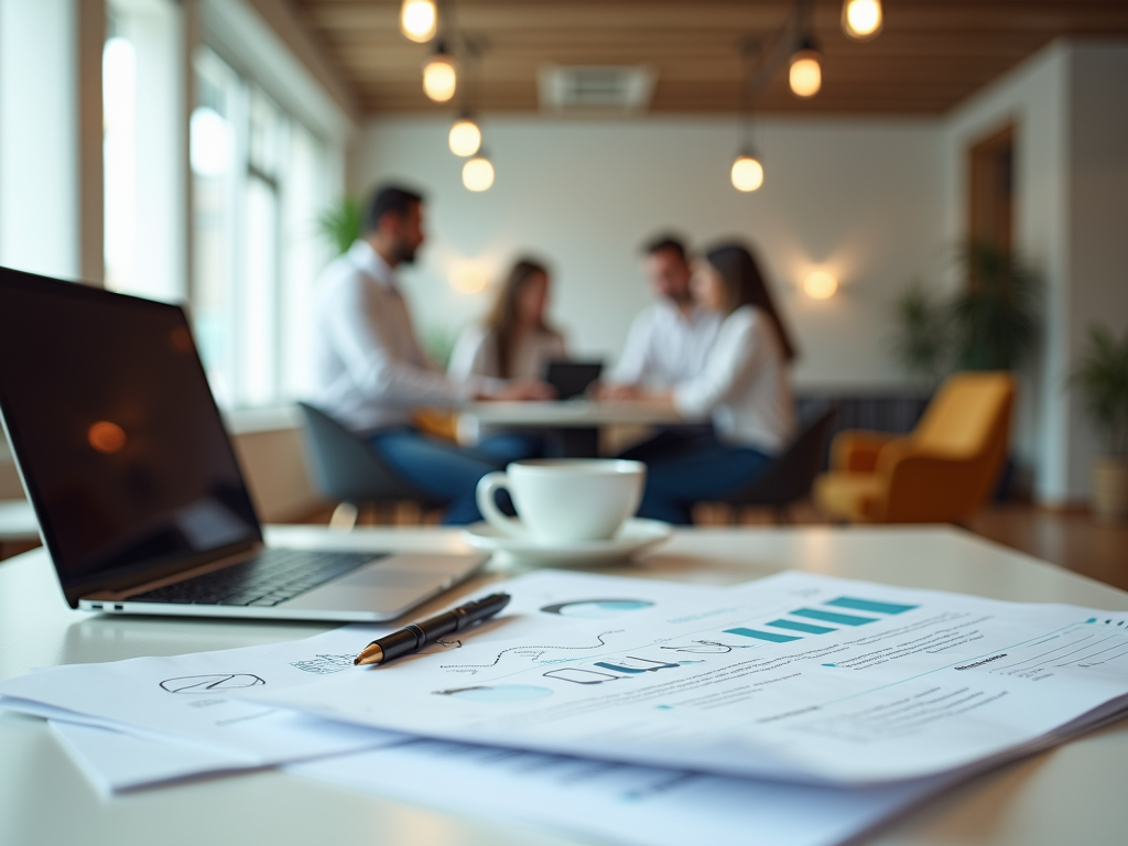 Business meeting in background with blurred charts on table and laptop in foreground.