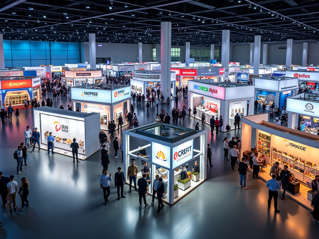 Overhead view of a bustling trade show floor with various corporate booths and attendees.