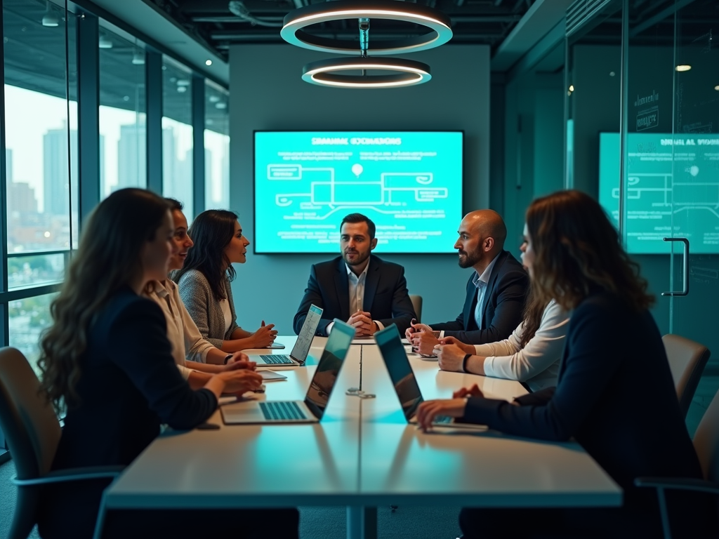 Business team meets in conference room with screens displaying data flow diagrams.