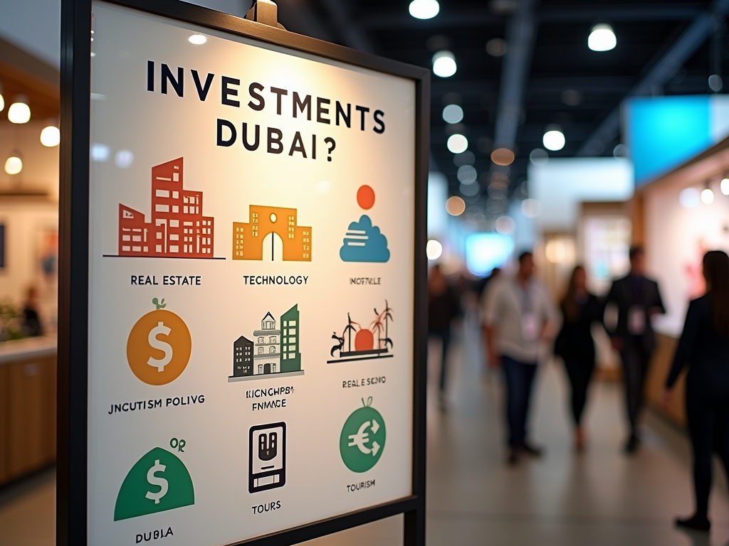 Advertisement for investment opportunities in Dubai, highlighting sectors like real estate and technology, displayed in a busy conference hall.