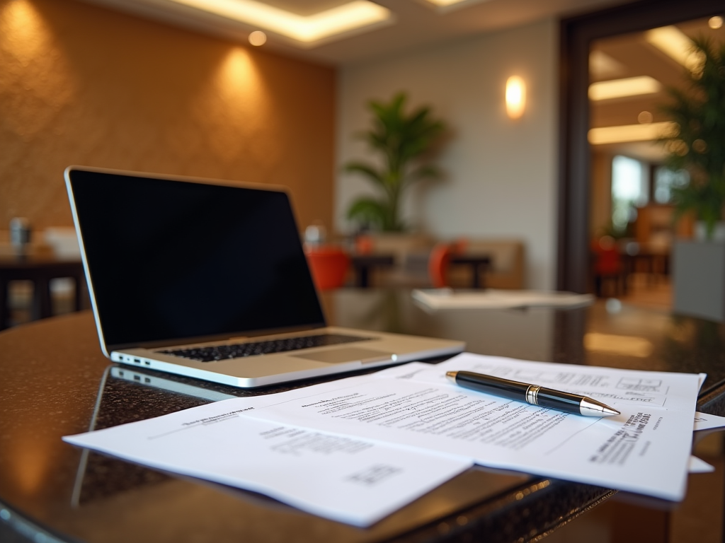 Laptop on a desk with documents and a pen, in a luxurious room with soft lighting.