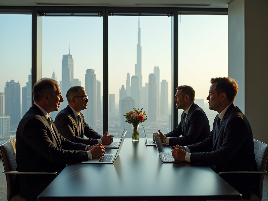 Four men in suits at a business meeting, with city skyline visible through window in the background.