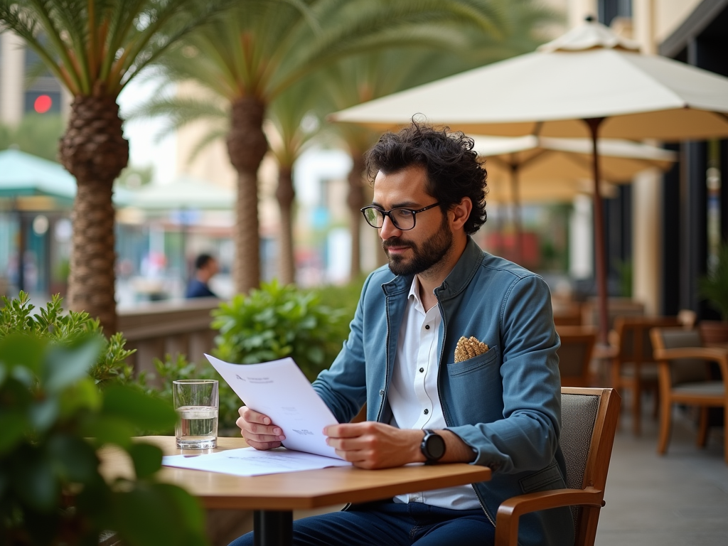 Man in glasses reading a document at a cafe terrace with umbrella and palms.