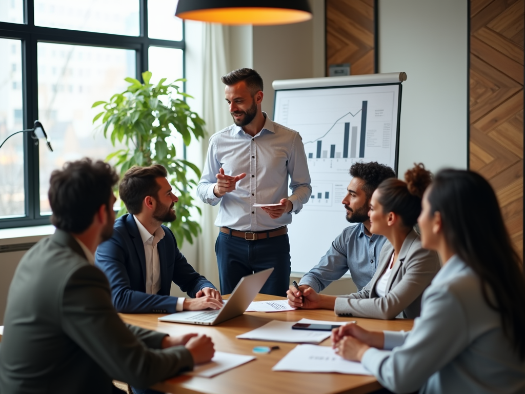 Business meeting in progress, with a man presenting graphs to colleagues around a table.