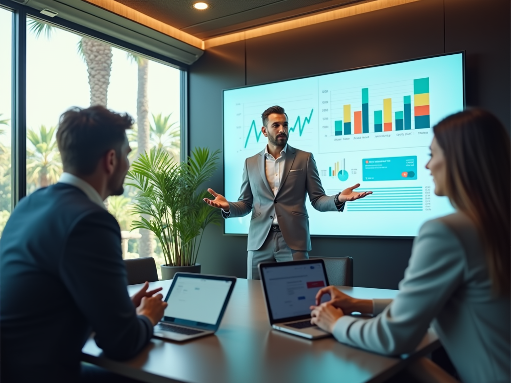 Man presenting data charts in a business meeting with two colleagues.