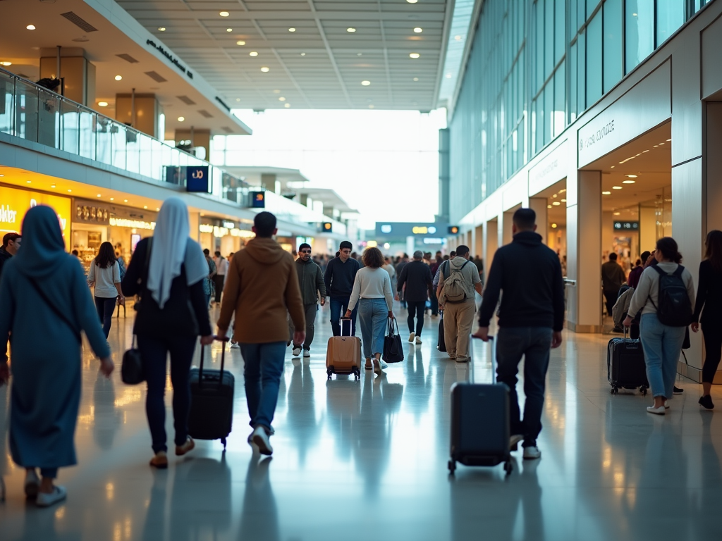 Diverse group of passengers walking through a busy airport terminal.