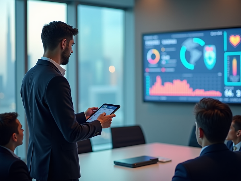 Businessman with tablet presenting data to colleagues in high-rise office.