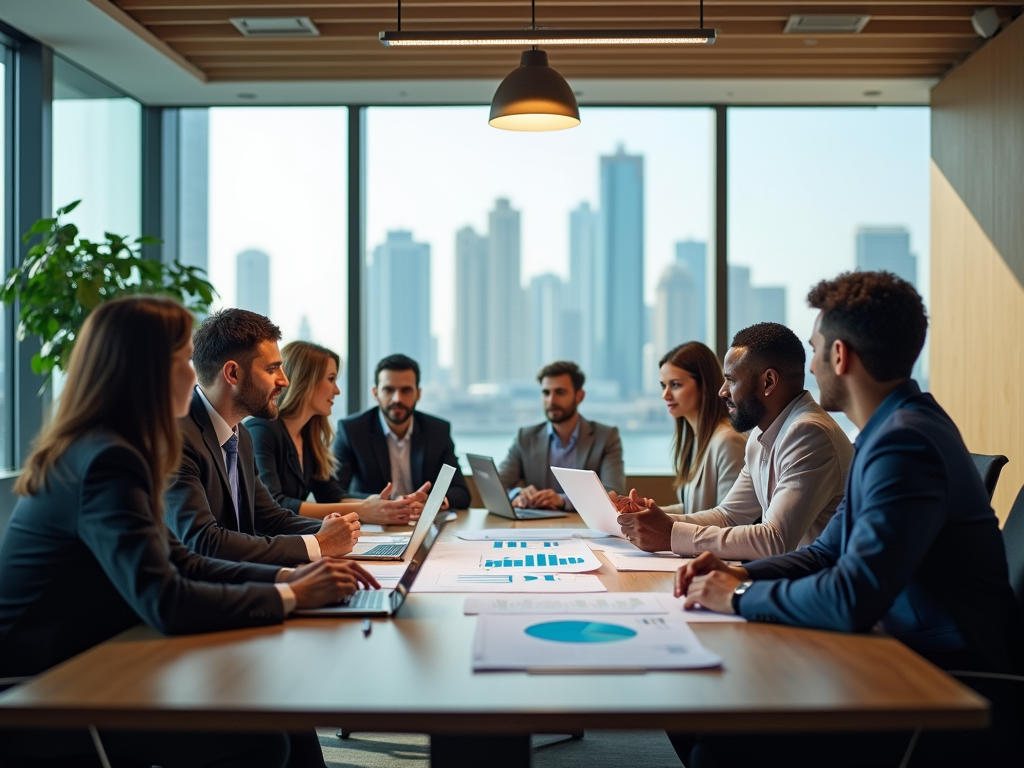 Diverse business team discussing charts in a conference room with cityscape views.