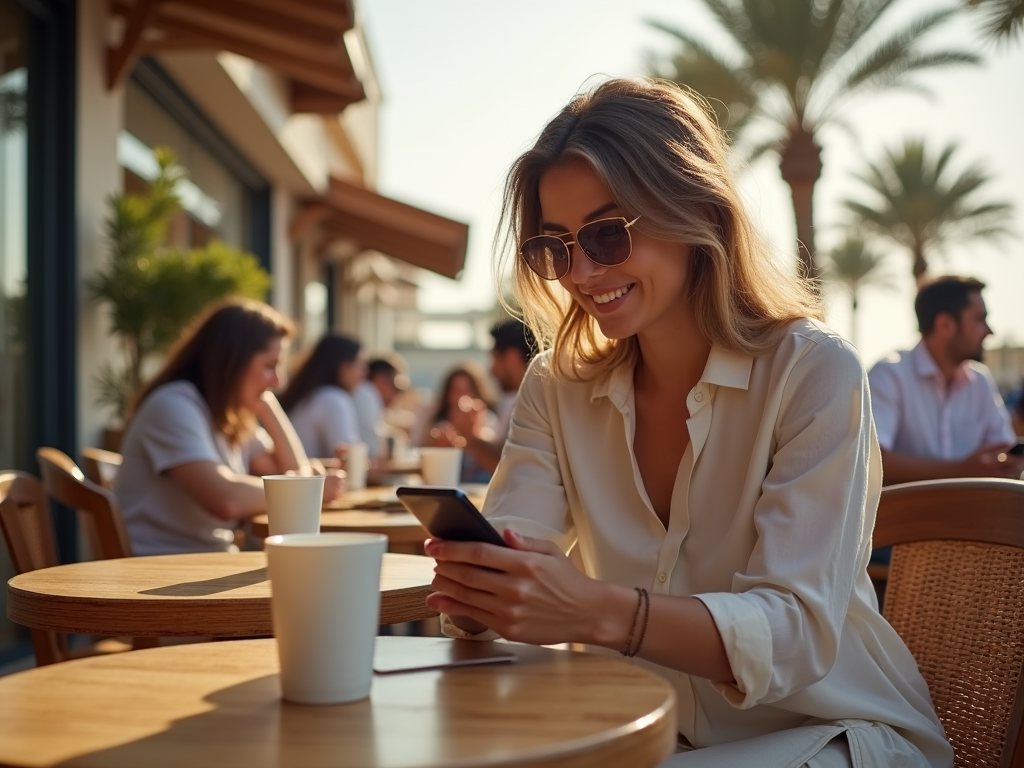 Woman in sunglasses smiling at her phone at a sunny outdoor café.