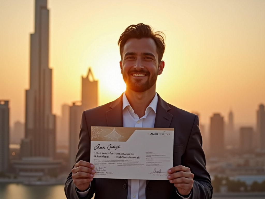 Man smiling while holding a certificate at sunset with city skyline in background.