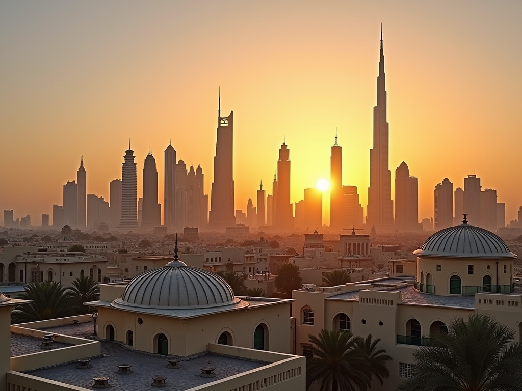 Sunrise over Dubai's skyline, featuring the iconic Burj Khalifa and traditional dome architecture.