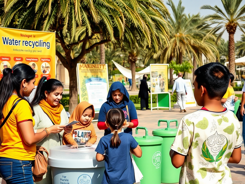 A group of people engage in a water recycling event under palm trees, surrounded by informational signs and recycling bins.