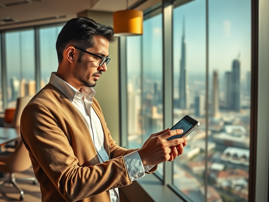 A man in a brown jacket looks at his smartphone while standing by a large window with a city view.