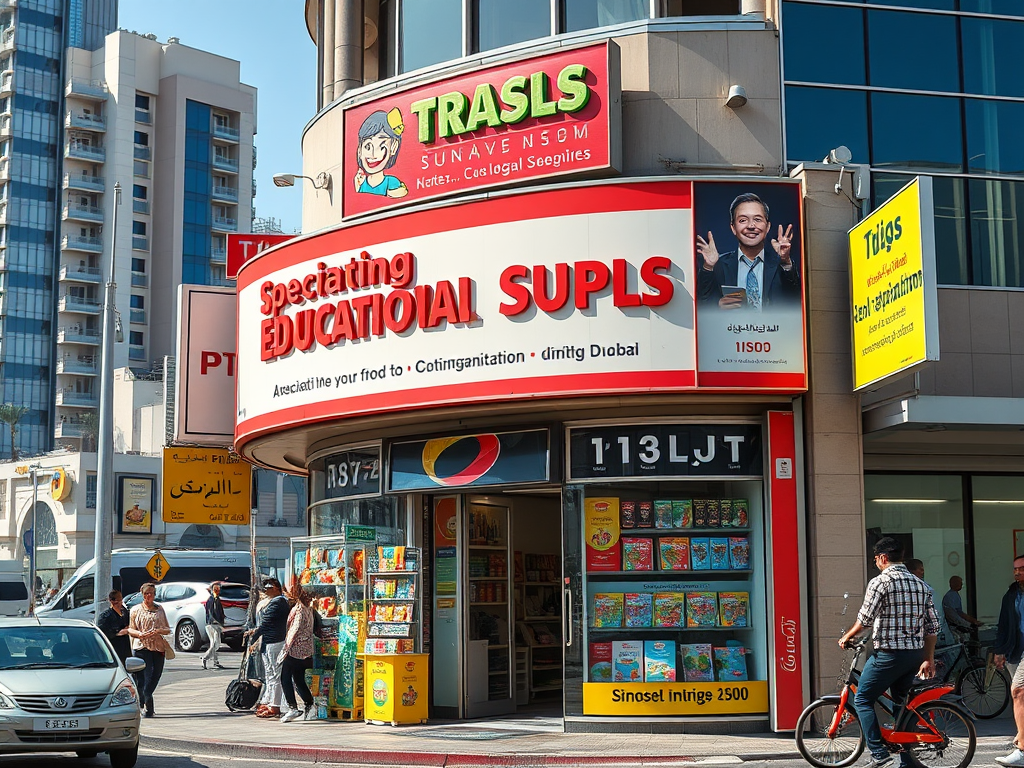 A storefront specializing in educational supplies, with vibrant signage and people walking by in a busy urban setting.