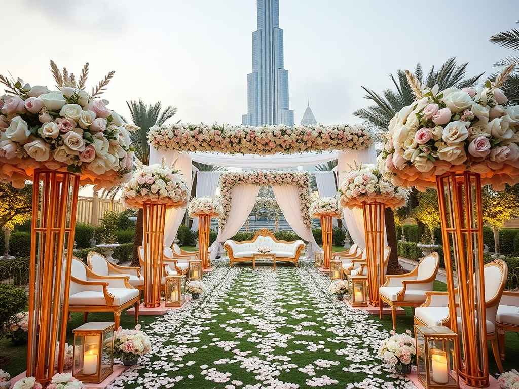 A beautifully decorated outdoor wedding setup with floral arrangements, elegant seating, and a skyscraper in the background.