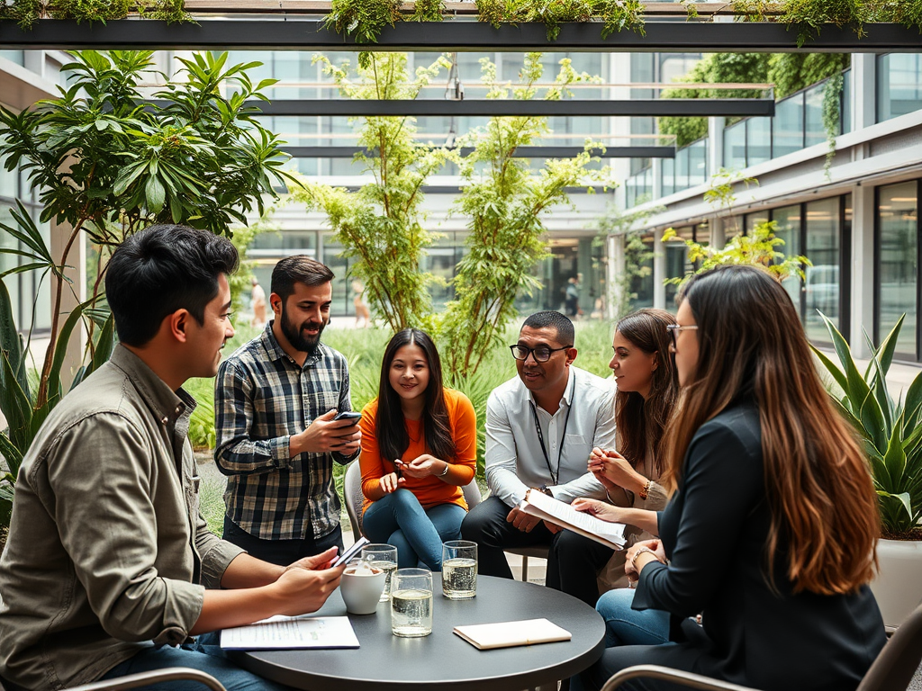 A group of six people engaging in conversation at a table surrounded by greenery in a modern indoor setting.