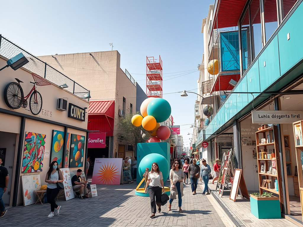 A vibrant street scene with colorful decorations, shops, and people walking in a lively urban setting.