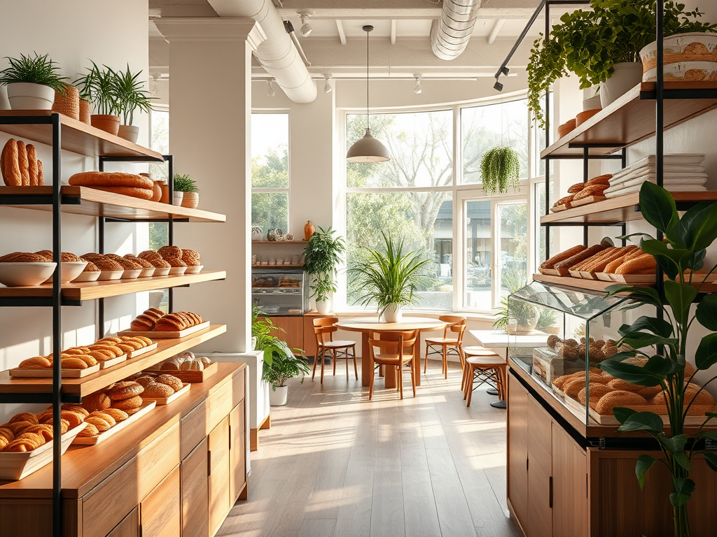 A cozy bakery interior with wooden shelves stacked with various breads and pastries, surrounded by plants and sunlight.