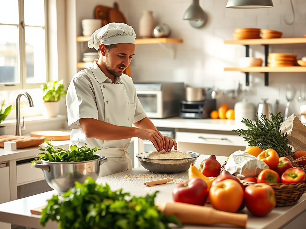 A chef in a bright kitchen prepares dough, surrounded by fresh fruits and vegetables on the counter.