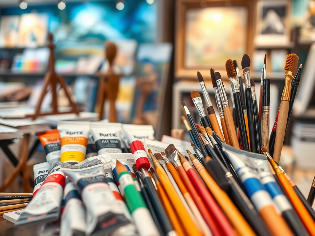 A close-up of art supplies, featuring a variety of paint tubes and brushes, with an easel in the background.