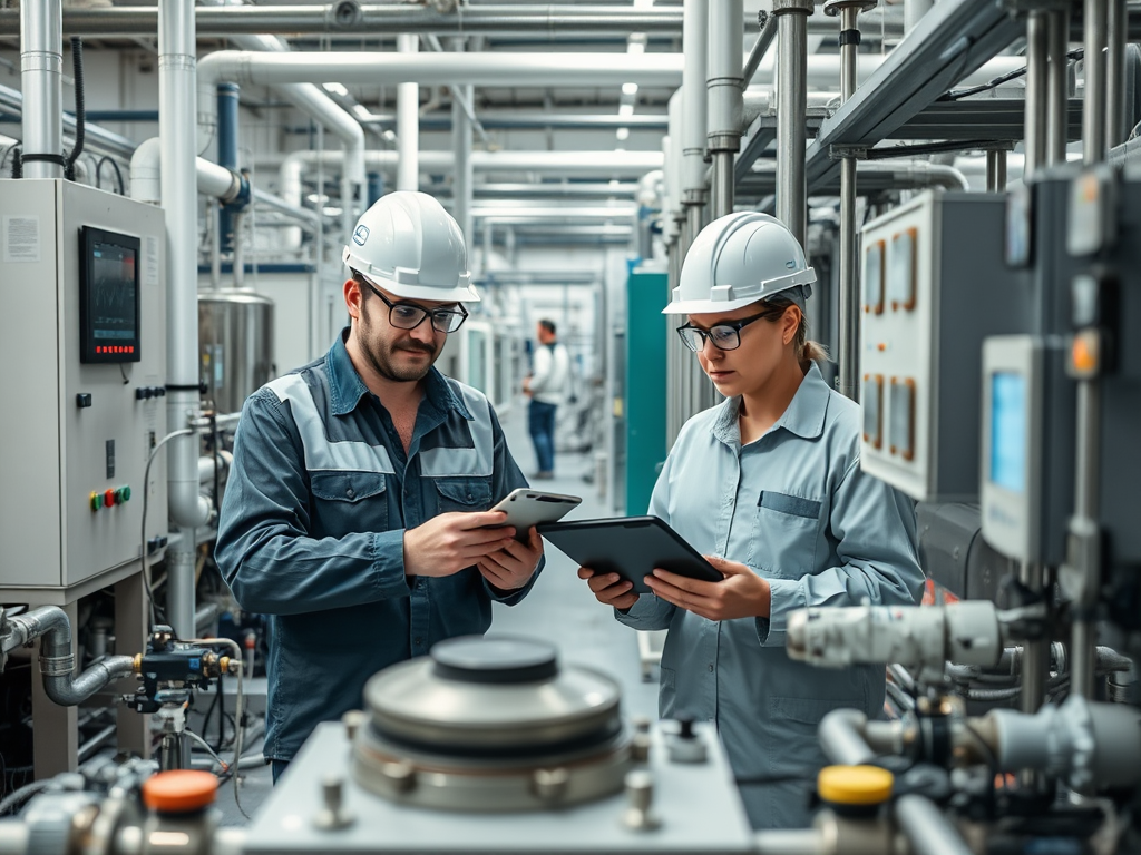 Two engineers in hard hats analyze data on devices in a modern industrial setting filled with machinery.