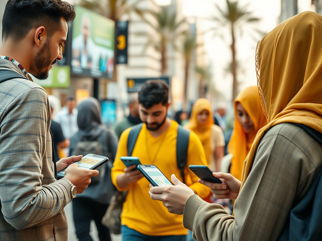 A diverse group of people in a busy street, all engaged with their smartphones, some wearing hijabs.