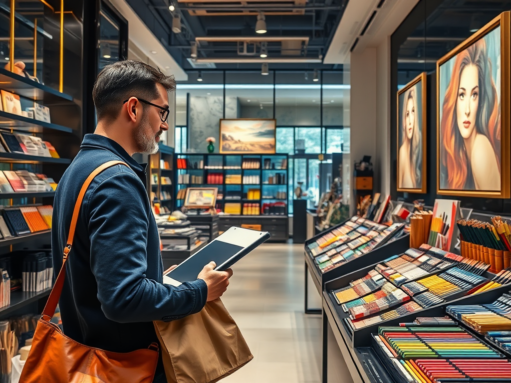 A man stands in a stationery store, holding a tablet and examining colorful art supplies and paintings on the walls.