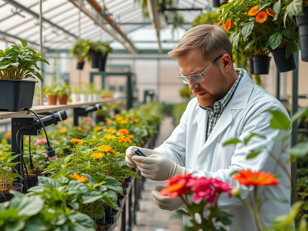 A scientist in a lab coat examines a plant while surrounded by colorful flowers in a greenhouse.