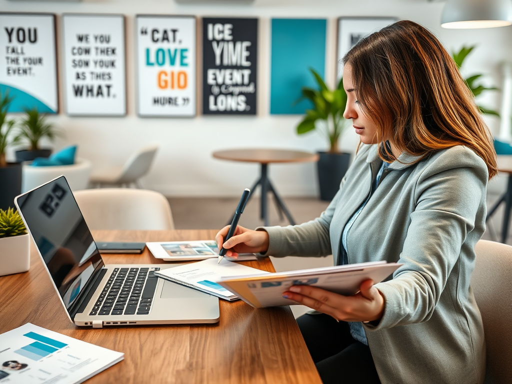 A woman sits at a desk, working on a laptop and reviewing documents in a modern office with colorful wall art.