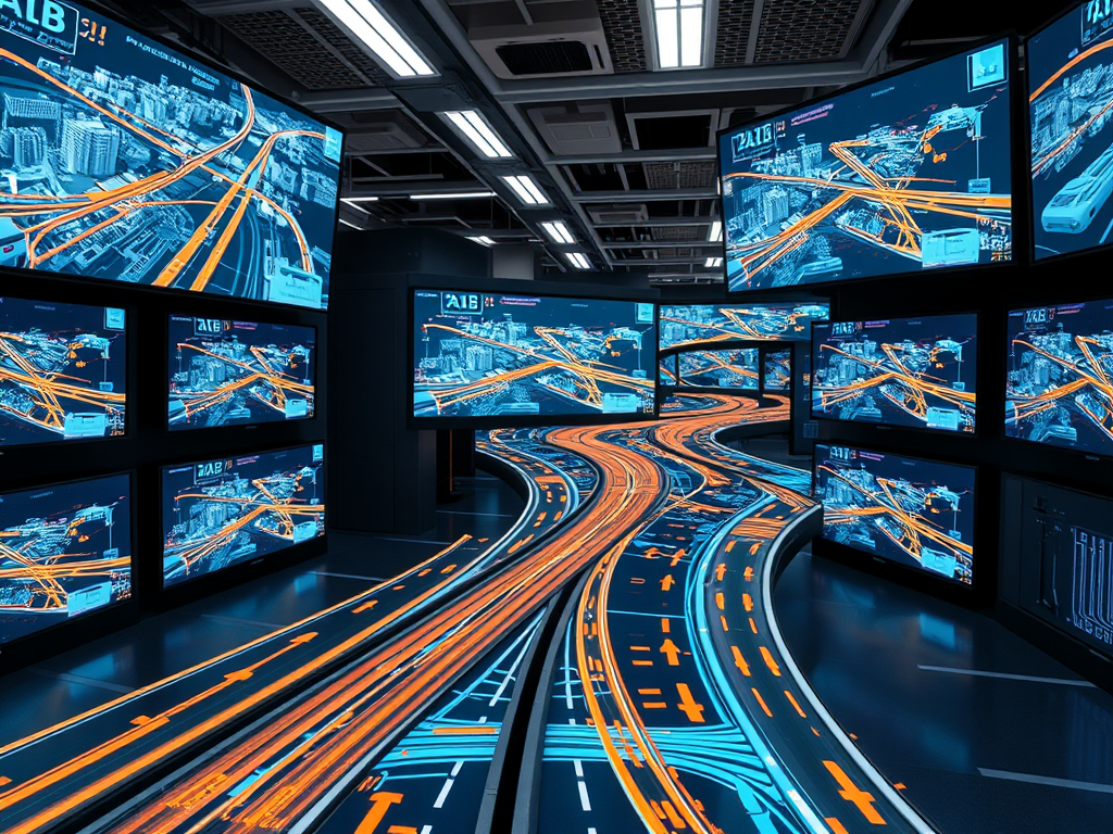 A futuristic control room with multiple screens displaying urban traffic routes and illuminated pathways.