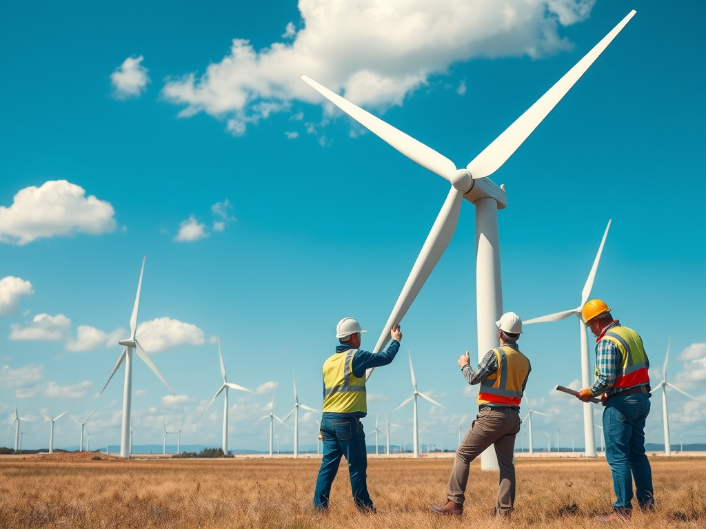 Three workers in hard hats and vests inspect a wind turbine in a field with multiple wind turbines against a blue sky.