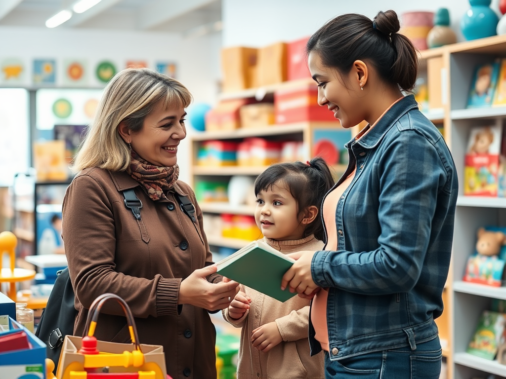 Two women and a young girl smile and chat in a colorful bookstore filled with toys and books.