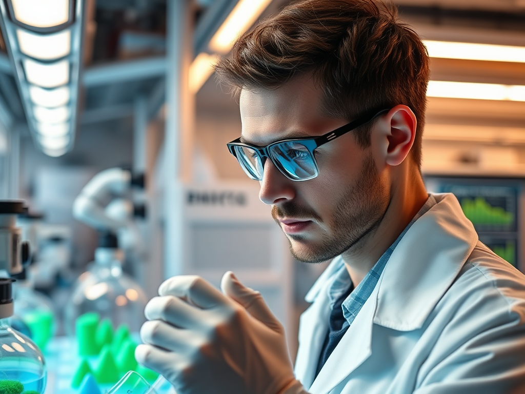 A scientist in a lab coat examines a sample in a laboratory filled with beakers and scientific equipment.