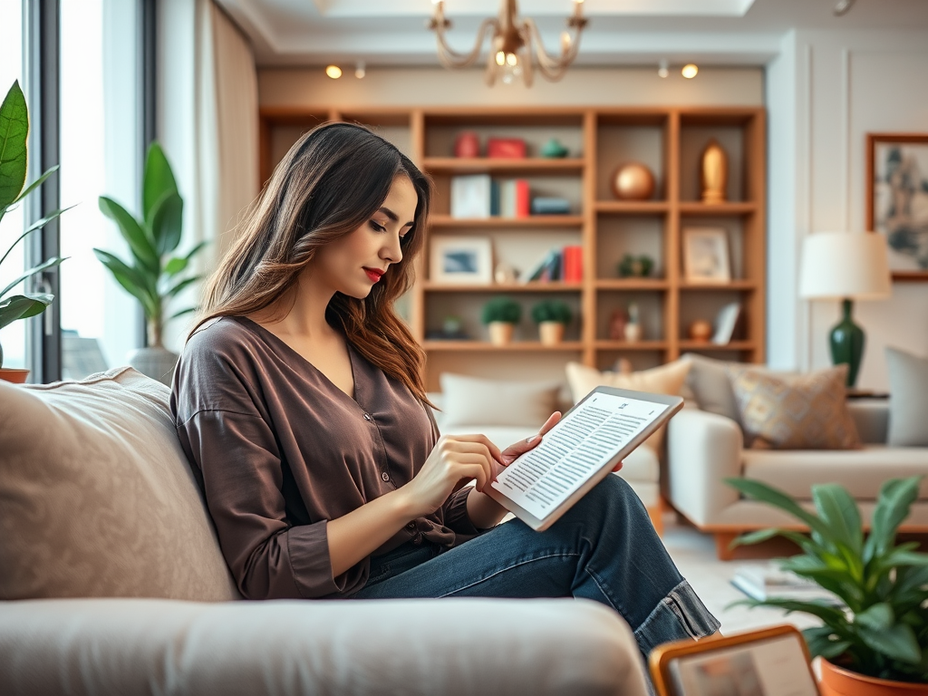 A woman sits on a couch, reading an e-book while relaxing in a cozy, well-decorated living room.